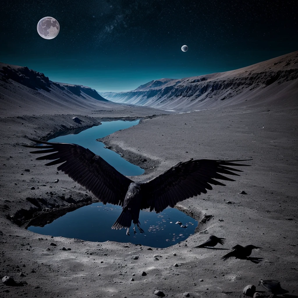 create a surreal image with the elements: Moon, ravens, mirror, wings, meteorite, craters, water