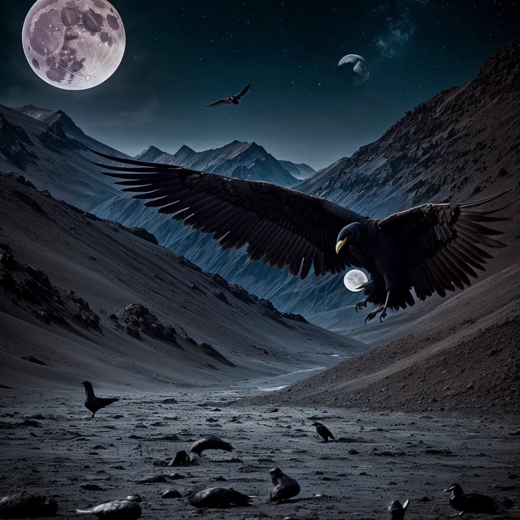 create a surreal image with the elements: Moon, ravens, mirror, wings, meteorite, craters, water
