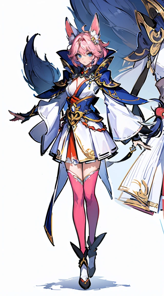 1 woman,fox ears,fox tail(pretty face),unique,full body standing illustration,alone,transparent background,Original character design from East Asia,game character costume design,Pink outfit,high detail,Color grade, (glow), ((Give off a dramatic glow)), ((Beautiful and detailed light)),intricate details, lens flare,((white background)),ultra high resolution,sharp focus,HD,8K,distinct facial features,Clear details,beautiful eyes,beautiful face