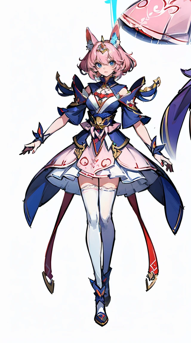 1 woman，fox ears，fox tail（pretty face），unique，full body standing illustration，alone， background，Original character design from East Asia，game character costume design，Pink outfit，high detail，Color grade, (glow), ((Give off a dramatic glow)), ((Beautiful and detailed light))，intricate details, lens flare，((white background))，ultra high resolution，sharp focus，HD，8K，distinct  features，Clear details，beautiful eyes，beautiful face