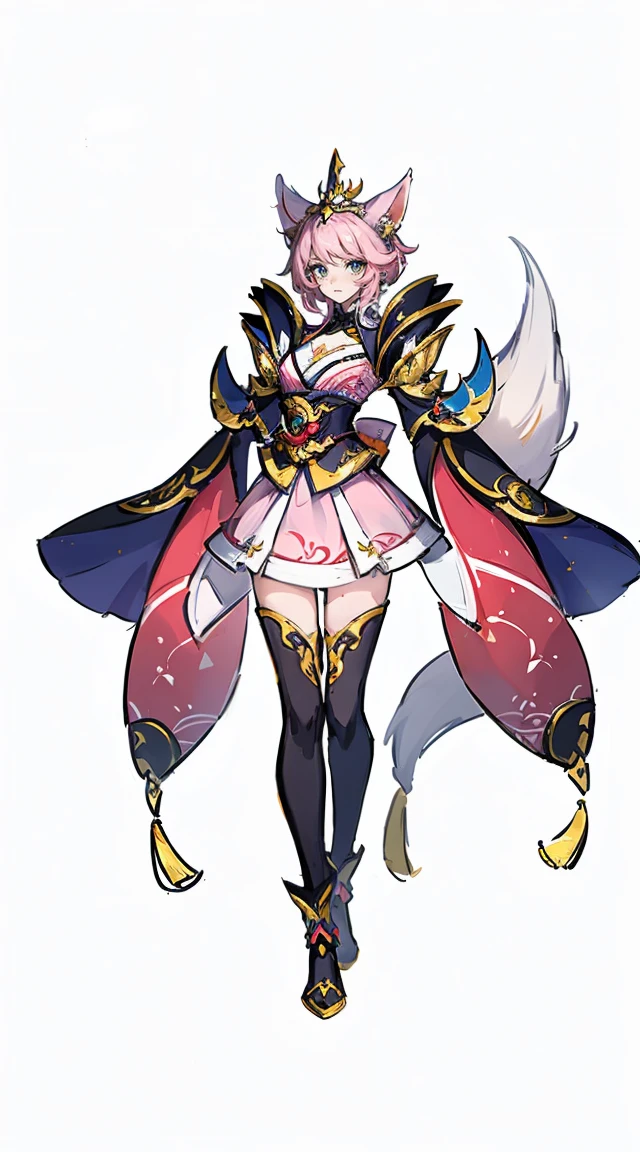 1 woman,fox ears,fox tail(pretty face),unique,full body standing illustration,alone,transparent background,Original character design from East Asia,game character costume design,Pink outfit,high detail,Color grade, (glow), ((Give off a dramatic glow)), ((Beautiful and detailed light)),intricate details, lens flare,((white background)),ultra high resolution,sharp focus,HD,8K,distinct facial features,Clear details,beautiful eyes,beautiful face