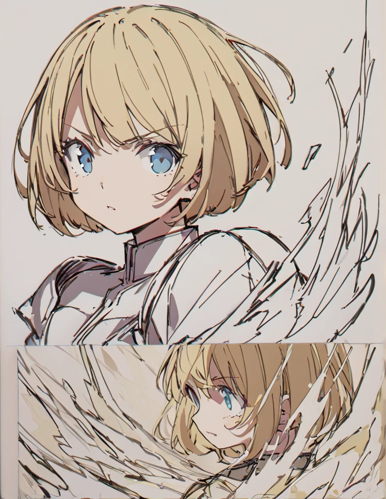 A girl fighting with golden flames(Sketches), (Open Close), (Small body), (Blonde:1.5) (Short Bob Hair:1.4), (Blue eyes)