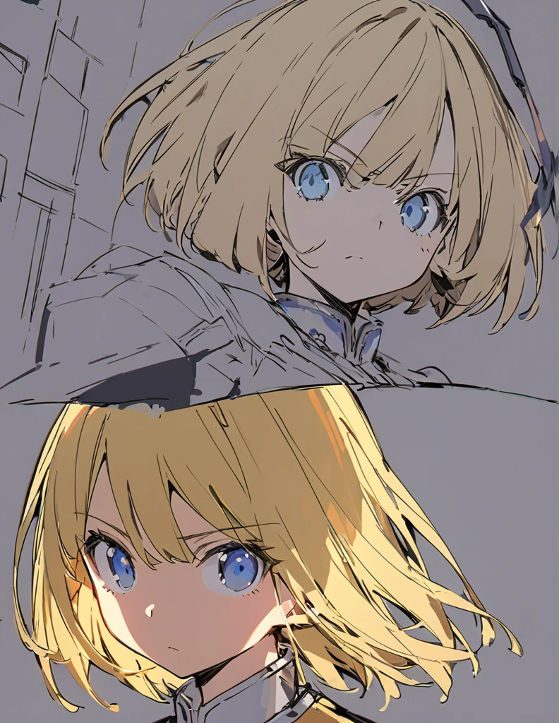 A girl fighting with golden flames(Sketches), (Open Close), (Small body), (Blonde:1.5） (Short Bob Hair:1.4), (Blue eyes)
