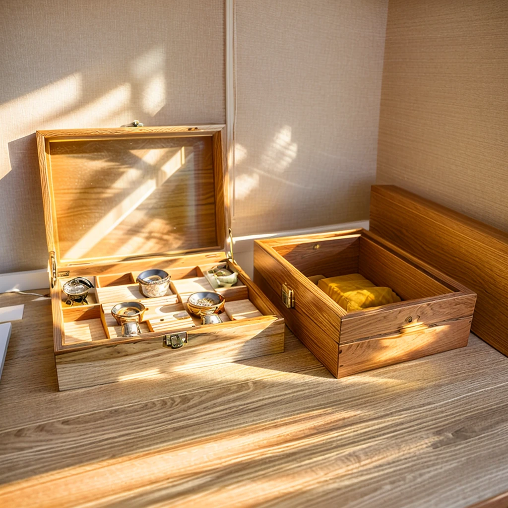 In this cozy room,A ray of sunlight shone through the half-drawn curtains on the table,Let the wood grain on the watch storage box shine with a faint luster。There was a calm and peaceful atmosphere in the air around them。There are several still lifes hanging on the walls of the room,It adds a touch of elegance to the space。And on the other side of the room,The half-open window lets in the breeze,The pages on the small desk by the window turned in the wind,This quiet scene gives a sense of tranquility and comfort。