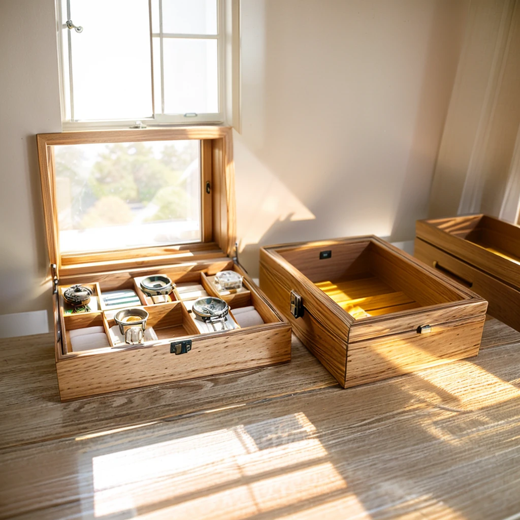 In this cozy room,A ray of sunlight shone through the half-drawn curtains on the table,Let the wood grain on the watch storage box shine with a faint luster。There was a calm and peaceful atmosphere in the air around them。There are several still lifes hanging on the walls of the room,It adds a touch of elegance to the space。And on the other side of the room,The half-open window lets in the breeze,The pages on the small desk by the window turned in the wind,This quiet scene gives a sense of tranquility and comfort。
