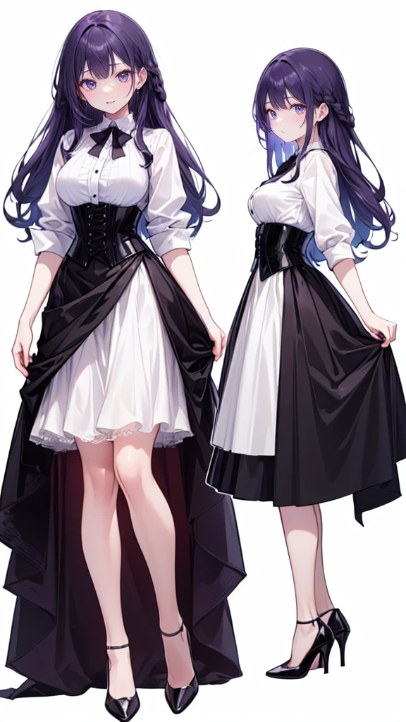 Purple Hair,Super long hair with volume,Adult female,(suit),White Y-shirt,((Rolling up his sleeves)),(corset),(Black skirt),(Slim silhouette skirt),(High heels),Heels are visible,((Simple white background)),smile,((whole body)),((full body)),Character Sheet,