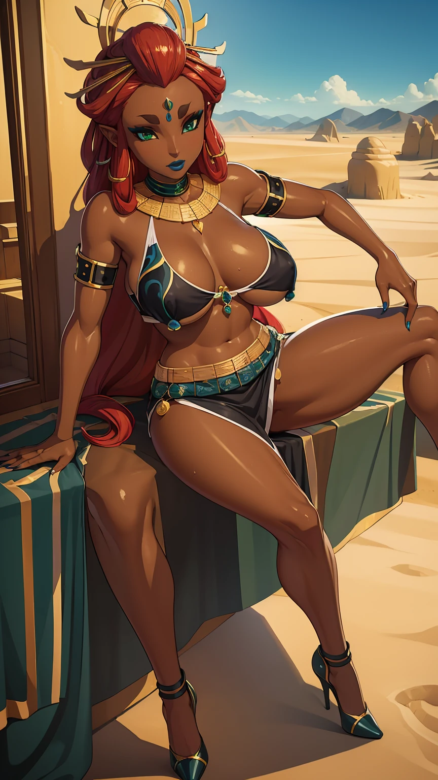 ((high detailed, best quality, 4k, masterpiece, hd:1.3)), ((best quality)), (((HD))), (((8k))), (ultraDH), (ultra HD), green eyes, BREAK green eyes, , attractive, smooth anime cg art, 36C breasts, long legs, vivid colors, slim body, perfect skin, red hair, long hair, light hair, red hair, BREAK crown, cleavage, 36C cleavage, looking at viewer, BREAK looking at viewer, extremely detailed face, earrings, gem, dark blue makeup lips, dark gothic eyeshadows, dark eyeshadows, white eyeshadows, blue sexy lips, dark lips, very dark lips, (perfect hands, perfect ), light makeup, blue medium lips, blue thick lips, detailed fingers, five fingers per hand, 5 fingers, (1 girl), detailed lips, detailed blue lips, blue painted lips, gothic painted lips, (), (arms outstreched:1.2), (from above:1.1), (breasts out:1.3), (off shoulder:1.1), (((desert))), full body, sexy long legs, (((oiled legs))), (((oiled breasts))), (((oiled body))), (((heels)))