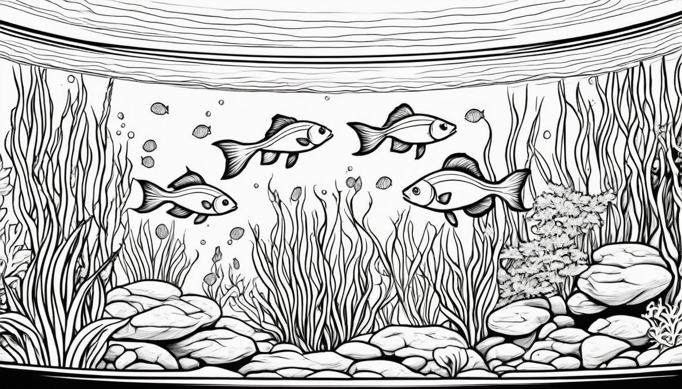 a group of small fish in aquatic paludarium scenery, cartoon, ,Coloring Book, ColoringBookAF,