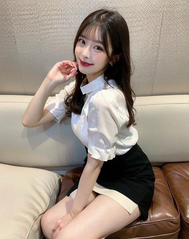 Smiling woman sitting on sofa。Age is 35 years old。Stand-up collar blouse。The color of the blouse is pearl white.。The skirt is a beige tight skirt.。Skirt length is knee-length。White high heels。Looking back diagonally at the camera。(Full Body)