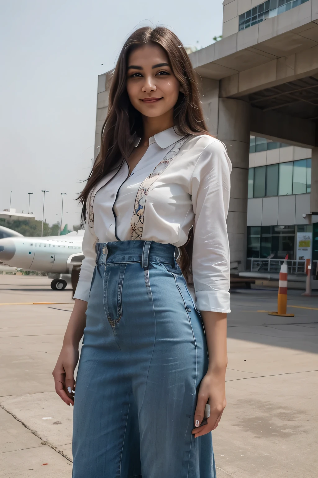 ((best quality)), ((masterpiece)), (detailed), a 21 year old beautiful Indian girls with long hair smiling face beautiful eyes wearing a long kurti dress and jeans pant standing in front of airport in the background