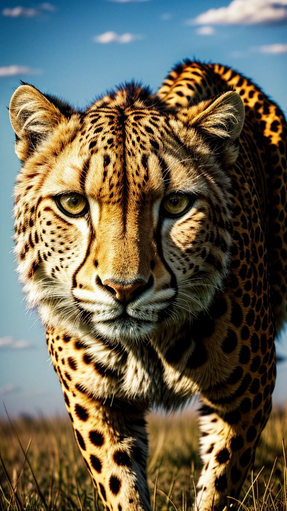 (masterpiece, best quality), highres,1 colorful cheetah,, savanna background