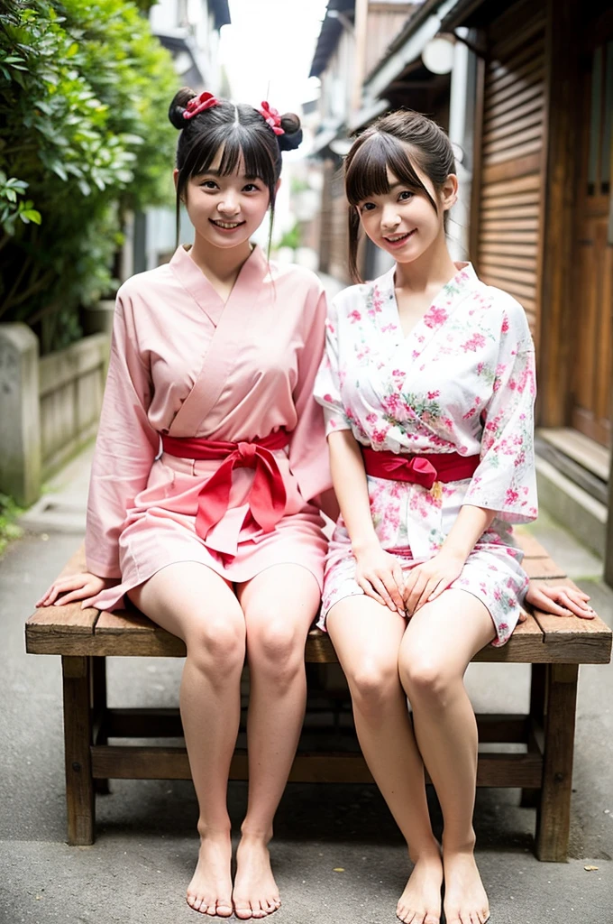 2 girls on wooden bench in old-Japanese street,floral pink yukata with red obi,18-year-old,bangs,a little smile,thighs,knees,short hair and low pigtails with red ribbon bow,from before,front light