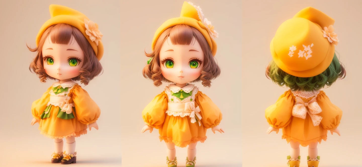 Three different views of a doll wearing a green hat and green clothes, Lovely character, render of a Lovely 3d anime girl, Lovely 3 d render, High-quality character design, Lovely detailed digital art, Lovely数字, Stylized anime, Lovely cartoon character, Lovely art style, Anime style 3d, Lovely digital art, Lovely! C4D, Animation style rendering