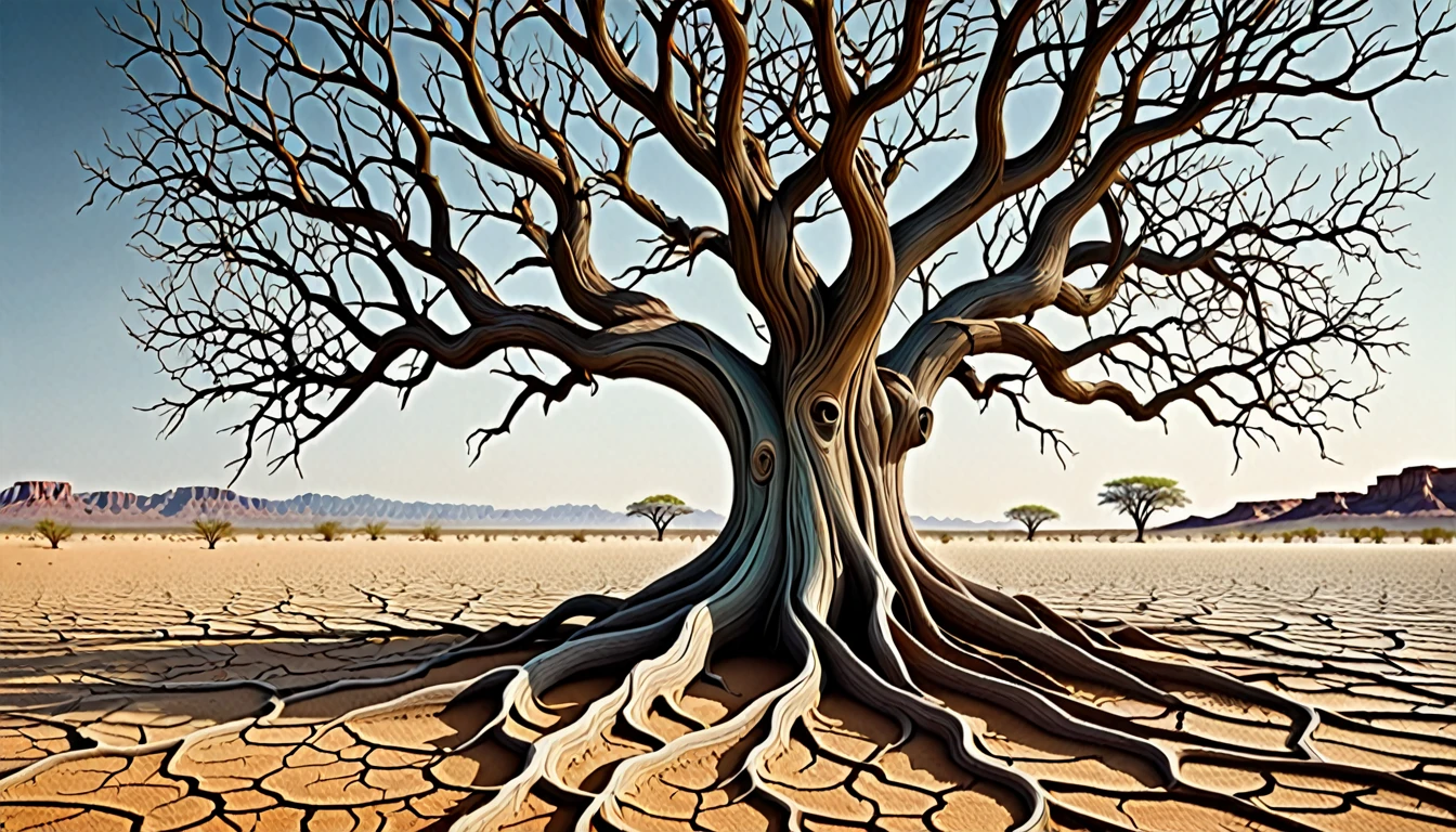 Surrealism style. An intricately detailed barren tree with extensive, twisting branches devoid of leaves, emerging from a cracked, dry desert ground with one small green seedling emerging from a crack in the dry earth. The tree's texture resembles aged driftwood with pronounced grains and knots. Adjacent to this, in the center, morph the tree's structure seamlessly into the profile of a human face with porous, sponge-like skin textures concentrated around the cheek and eye areas. The face should express tranquility, with closed eyes and features that suggest a state of deep contemplation or meditation. The skin tone is a gradient of earthen colors, blending smoothly from the woody textures. The background should be a soft, out-of-focus gradient transitioning from warm earth tones to a gentle sky blue, hinting at a transition from the earthly to the cerebral or ethereal.