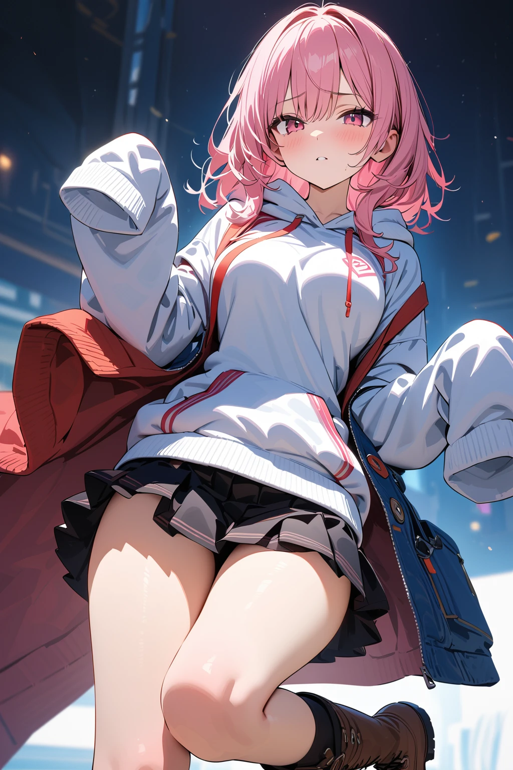 (masterpiece, best quality:1.5), (ultra detailed, high resolution, 8k, beautiful detailed, UHD, best anatomy), 1 cute girl, pink hair, medium breasts, sleeves past fingers, sweatshirt, Flared skirt, boots, dazed look