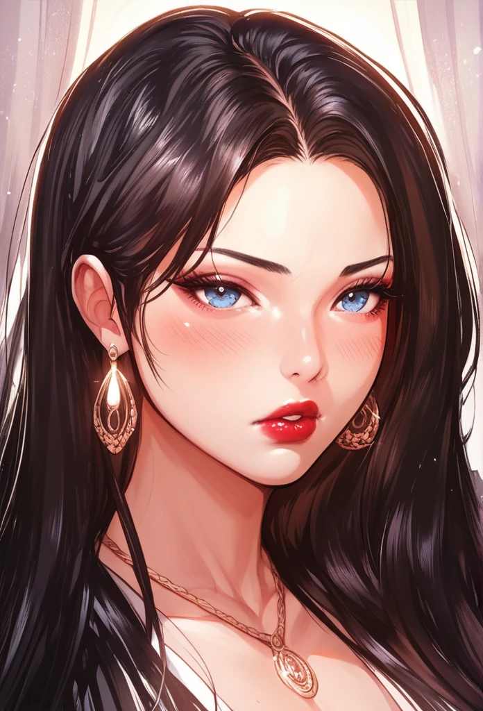 
Hot sexy beautiful women  , detailed lips , detailed blue eyes, big traditional heavy long  chandelier earrings , alluring face, necklace , detailed red lipstick  ,black hair, pouting, blush 