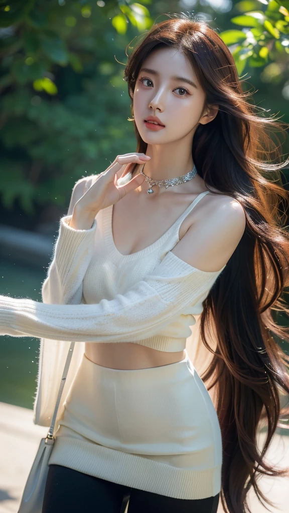 8k, masterpiece, RAW photo, best quality, photorealistic, extremely detailed CG unity 8k wallpaper, Depth of field, Cinematic Light, Lens Flare, Ray tracing, (extremely beautiful face, beautiful lips, beautiful eyes), intricate detail face, ((ultra detailed skin), Photo of Pretty 1 girl best qualtiy， ultra high resolution， （realisticlying：1.4），cute hairpin，1girll，Red long-haired,Cropped sweater ，Beautiful woman with a slim figure:1.4, Pronounced abs:1.4, On the island,Ultra-fine face，Elaborate Eyes，double eyelid，choker necklace