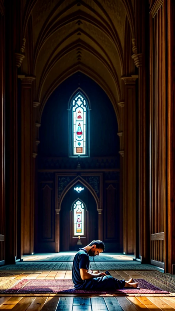A photo that shows someone cultivating gratitude at all times, perhaps with an image like someone praying or prostrating in a quiet and peaceful place, with a facial expression full of serenity and solemnity. Very real, high resolution, 8k resolution, intricate details