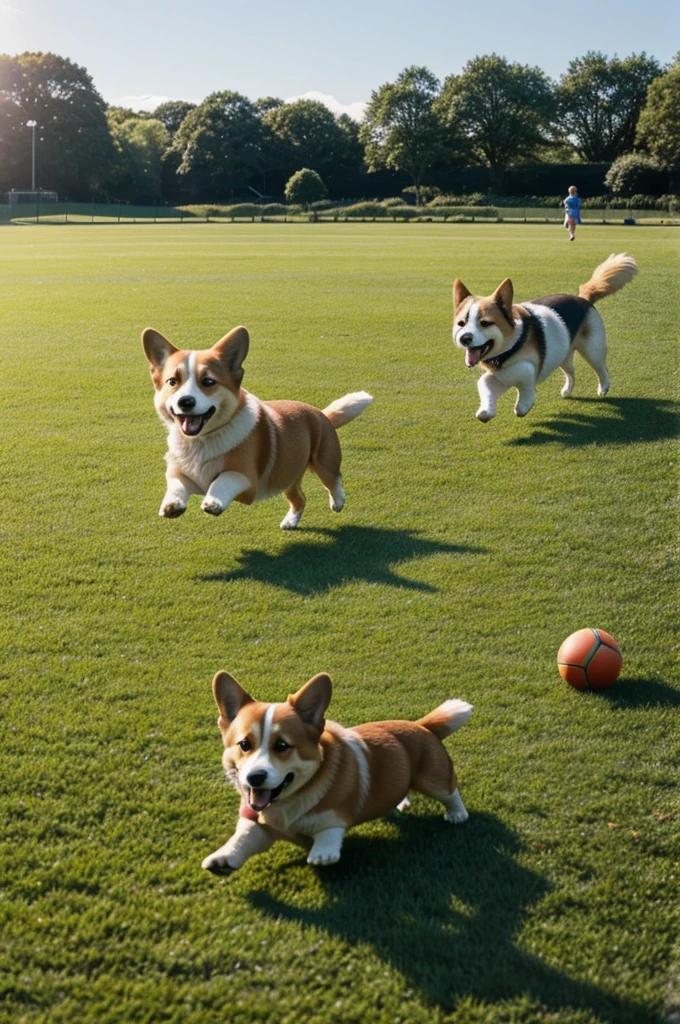 Children playing ball on the grass,Corgi dog runs after them,summer,the sun is shining