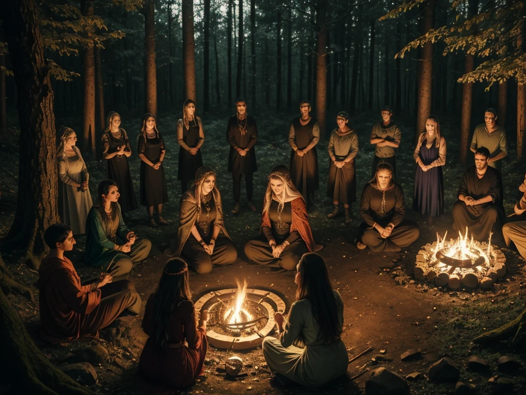 arafed group of people sitting in a circle in the woods, ritual in a forest, summoning circle, circle of the crone, forest ritual, in a circle, political meeting in the woods, people facing fire circle, home wicca scene, fairy circle, tarot card enviroment, dnd in a dark forest, mystical setting
