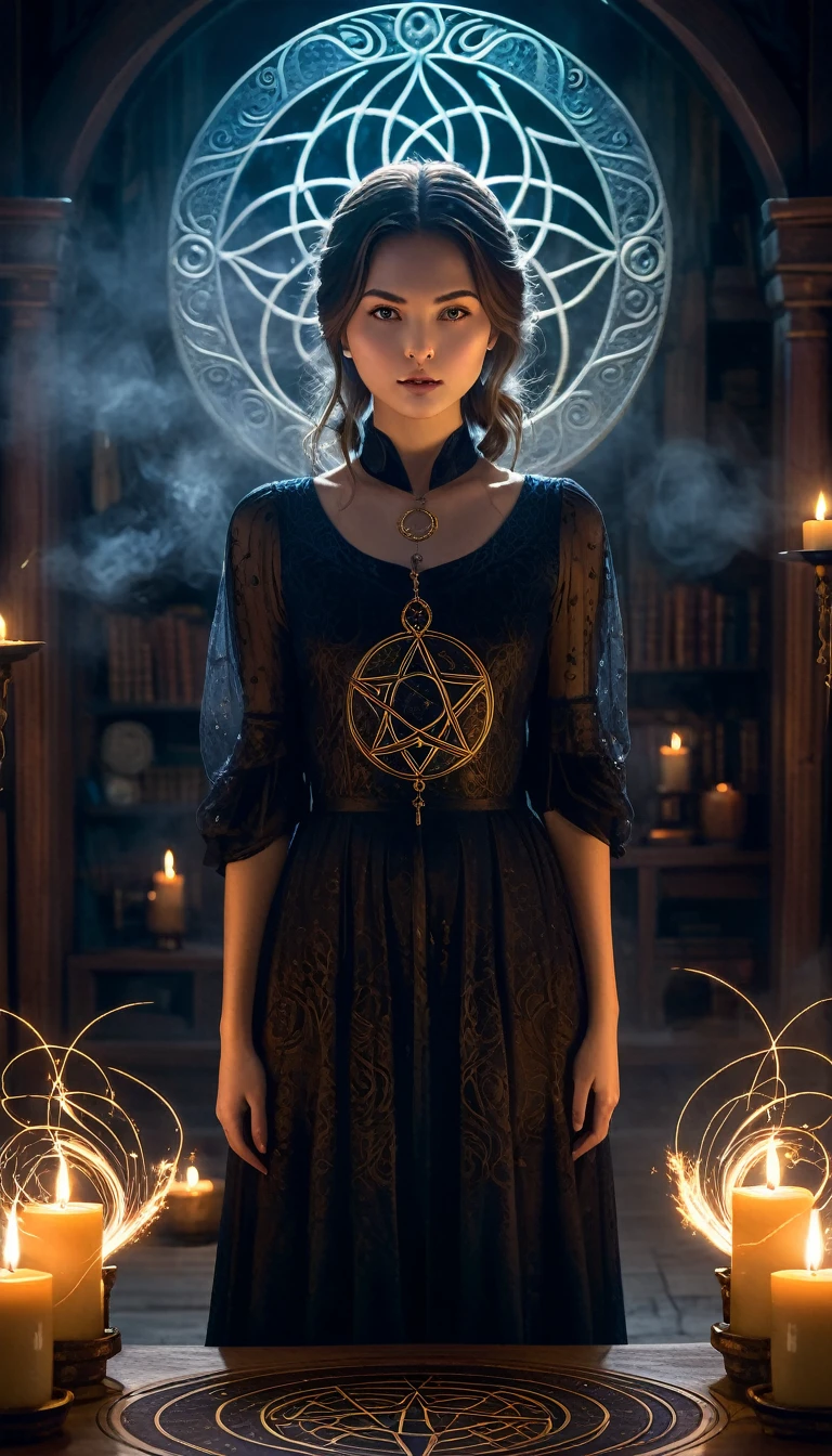 Front facing,(The girl standing at the center of the magic circle),闇のmagic,Detailed engraving,Glowing Seal,Ancient symbols,Enchanting atmosphere,Mysterious Aura,Exquisite patterns,Magic Flame,Flickering Candle,Smoke billows,Ethereal Mist,Mysterious glow,Dramatic lighting,magic,Magical Elements,Powerful Energy,Enchanting atmosphere,Otherworldly beauty,Enchanting Magic,A fascinating scene,Spooky Powers,Transcendental charm,Beautiful and memorable,A commanding presence,Mysterious Essence,Intricate Design,Casting a Spell,Dark and mysterious,Magic spells,Whispers of Enchantment,fascinated by her presence,Dimly lit room,supernatural energy,Featured Witch,Enchanting Spell,闇のmagic,Fascinating Movement