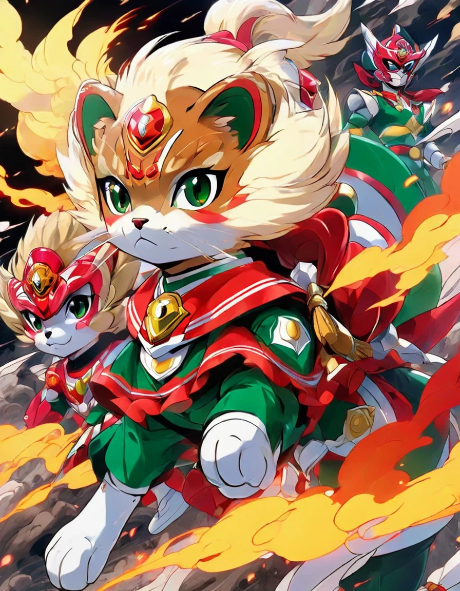 ((masterpiece, Highest quality)), High resolution, 8K, Cinematic Light, High Contrast, Depth of written boundary, Strong brilliance, Detailed Background, One girl, cute, Blonde, Bobcut, Red Eyes, Chocolate tanned skin, A traditional dark green sailor suit,White socks,loafers,Cool arms crossed,Standing with your legs apart,Super Sentai-like explosions in the background,Decent face