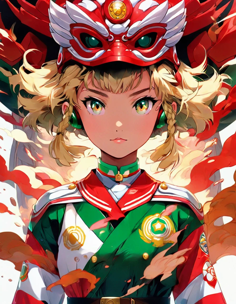 ((masterpiece, Highest quality)), High resolution, 8K, Cinematic Light, High Contrast, Depth of written boundary, Strong brilliance, Detailed Background, One girl, cute, Blonde, Bobcut, Red Eyes, Chocolate tanned skin, A traditional dark green sailor suit,White socks,loafers,Cool arms crossed,Standing with your legs apart,Super Sentai-like explosions in the background,Decent face