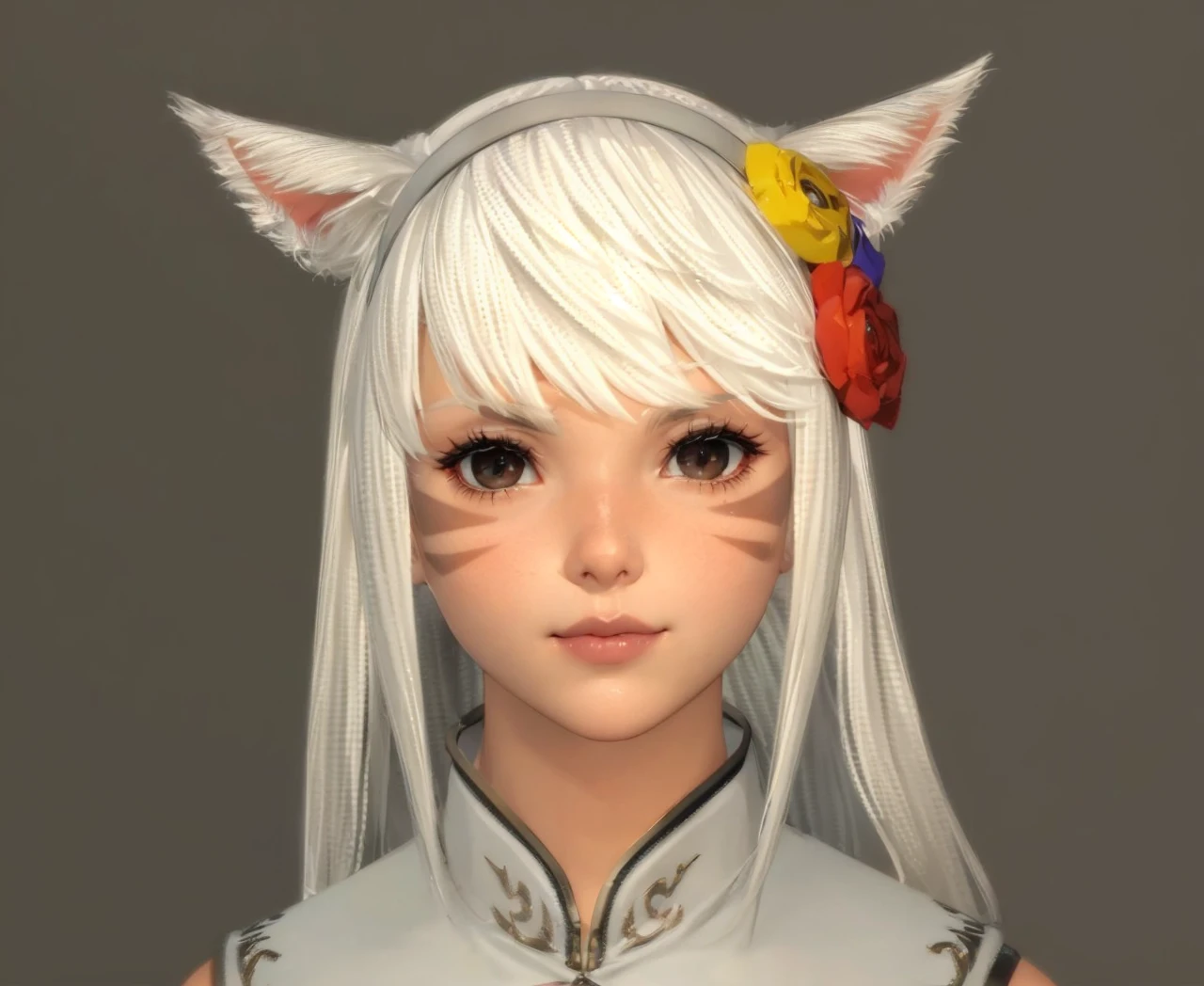 Catgirl, white hair, lips, cat eye cornea, face clan marks, studio rim lighting, starry background