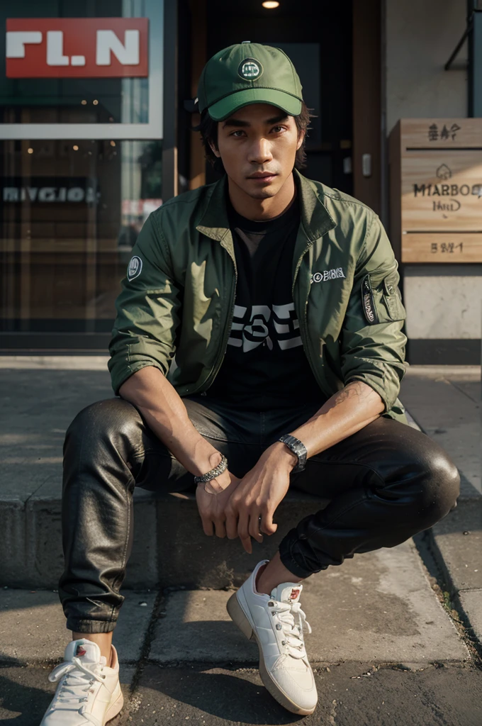 The 3D male Gojek driver character wears a green jacket with realistic 3D white Gojek writing on it, uses a black Honda Beat motorbike, is waiting for the Order, sitting on a motorbike wearing a red hat, Realistic 3D Marlboro smoking, next to the 3D Tall Building, with a two-way street, Beside realistic 3D Tall Buildings,there is the Wagimin Coffee Shop, Selling Realistic 3D Marlboro Cigarettes, 3D HD, Super realistic characters