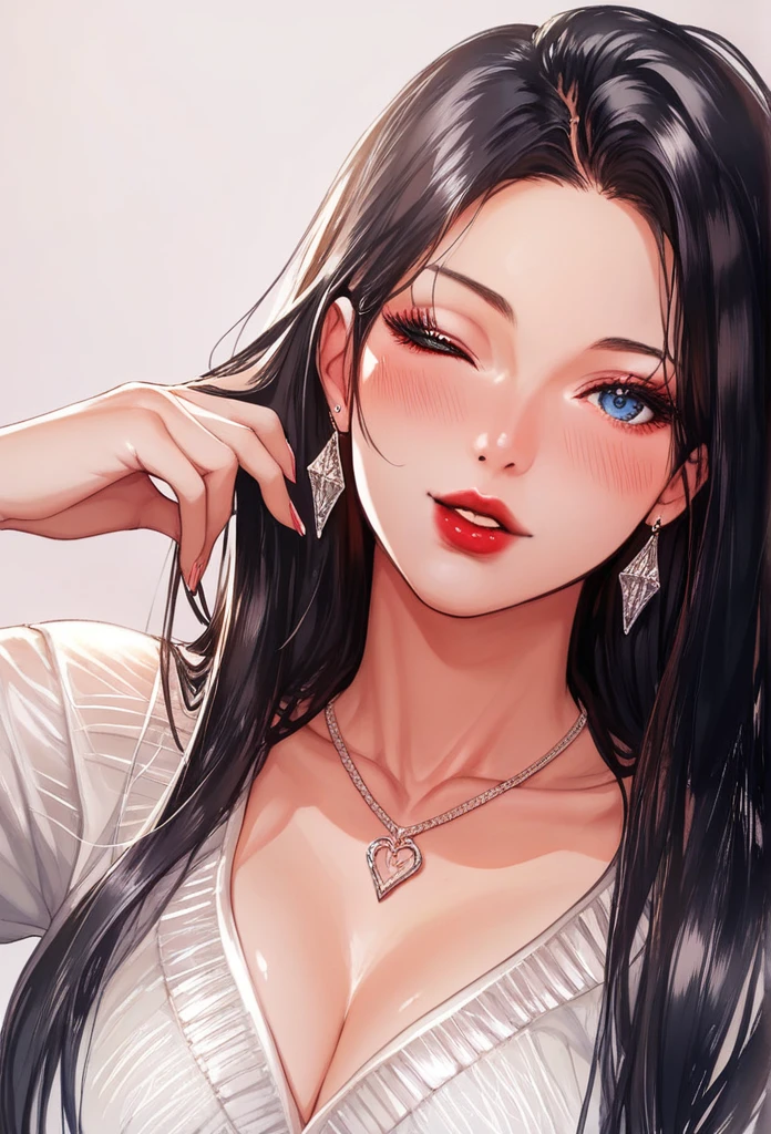 
Hot sexy beautiful women  , detailed lips , detailed blue eyes, big traditional heavy long  cluster earrings , alluring face, necklace , detailed red lipstick  ,black hair, blinking on eye, blush 