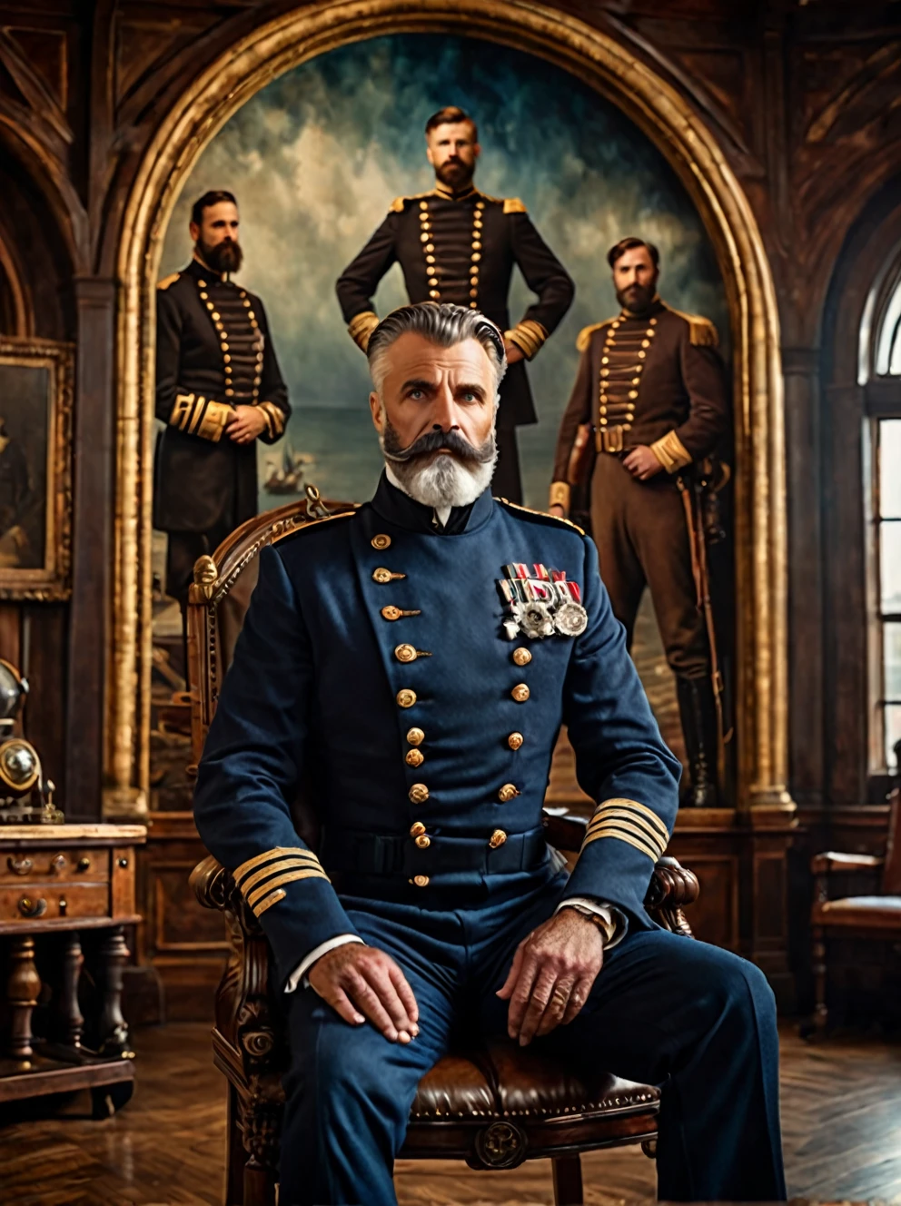 photo focus on male focus, indoors, realistic scenery, (captain nemo:1.1), large painting in the background, close-up, arch, chair, loaded military uniform, steampunk nautilus-style. very wide shot, character photo portrait, film, professional, 4k, highly detailed