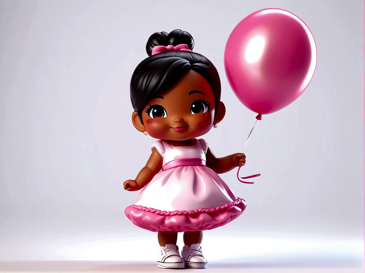 , cute, chibi, heavy black hair in a bun, brown eyes, happy, smiling, brown skin, holding a floating balloon, long pink dress, white sneakers, plain white cinematic, vinyl figurine, high quality, 4k, full body