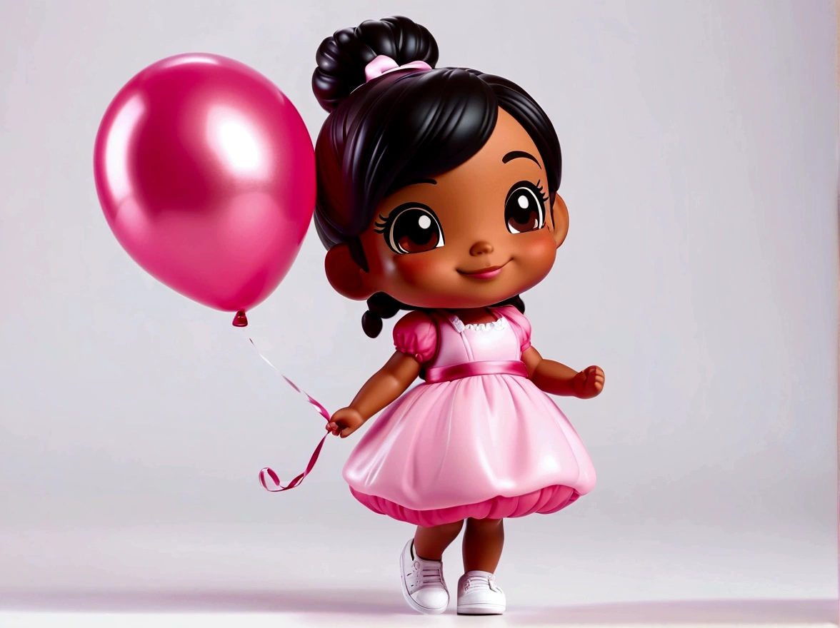 , cute, chibi, heavy black hair in a bun, brown eyes, happy, smiling, brown skin, holding a floating balloon, long pink dress, white sneakers, plain white cinematic, vinyl figurine, high quality, 4k, full body