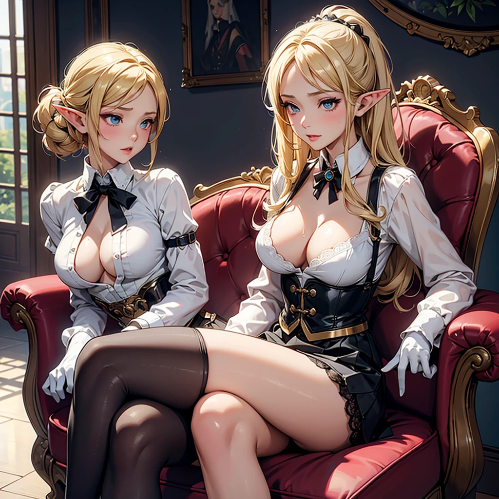 fantasy style, aristocrat girl, elf, blonde, beautiful, slender, , big elastic , makeup, shirt, unbuttoned top buttons, skirt, lace stockings with suspenders with garters, gloves, sitting in an armchair, elegantly crossed legs, in a room, , ,  on ,  in ,  on face, face in ,