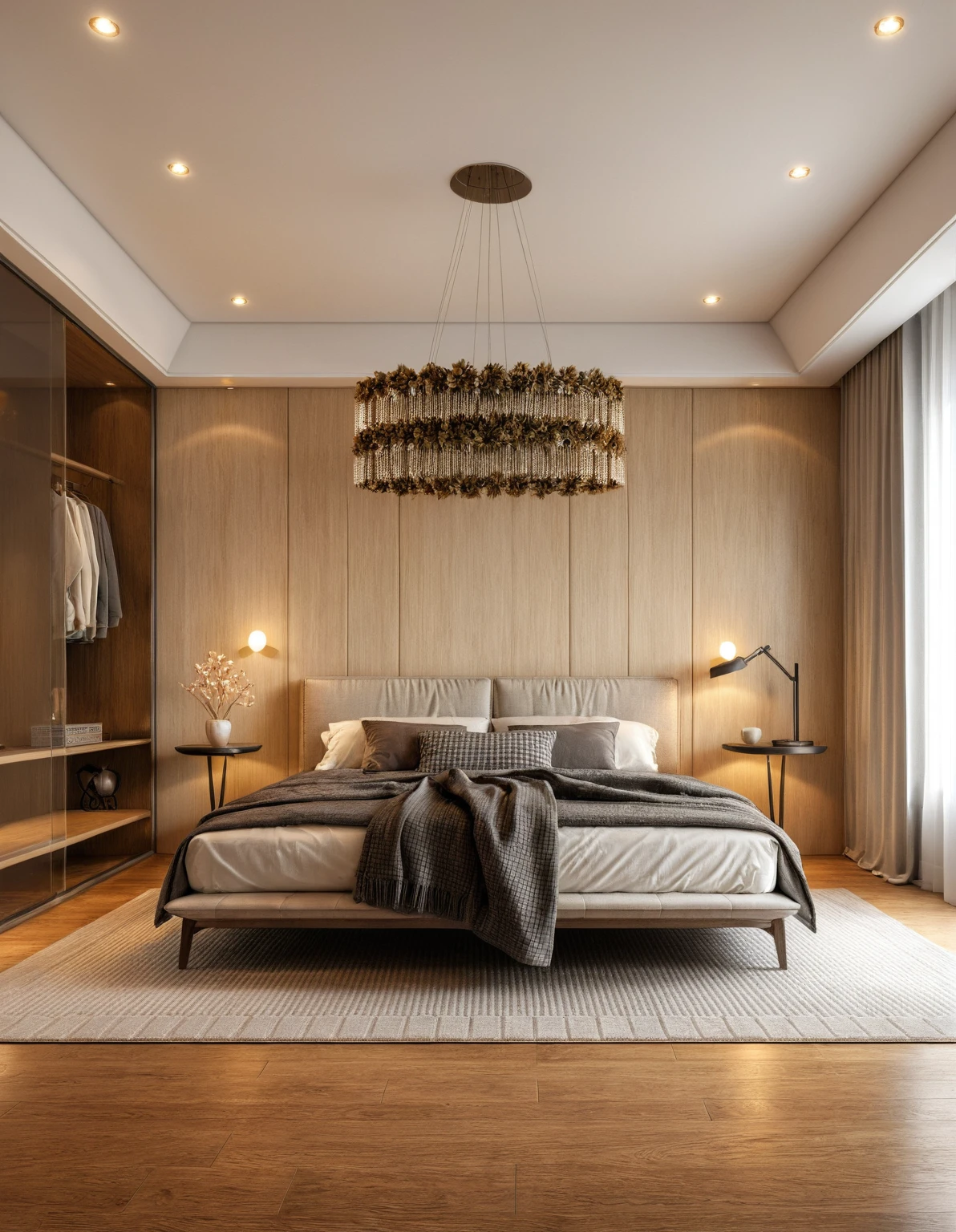 Raw photo,Masterpiece, high quality, best quality, authentic, super detail, interior, indoors, ((bedroom style modern luxury)), sunset, day light, bed, carpet, bedside cabinets, wood floor ,wardrobe, glass cabinet doors, chandeliers, windows, curtains, downlight, (flower vase)