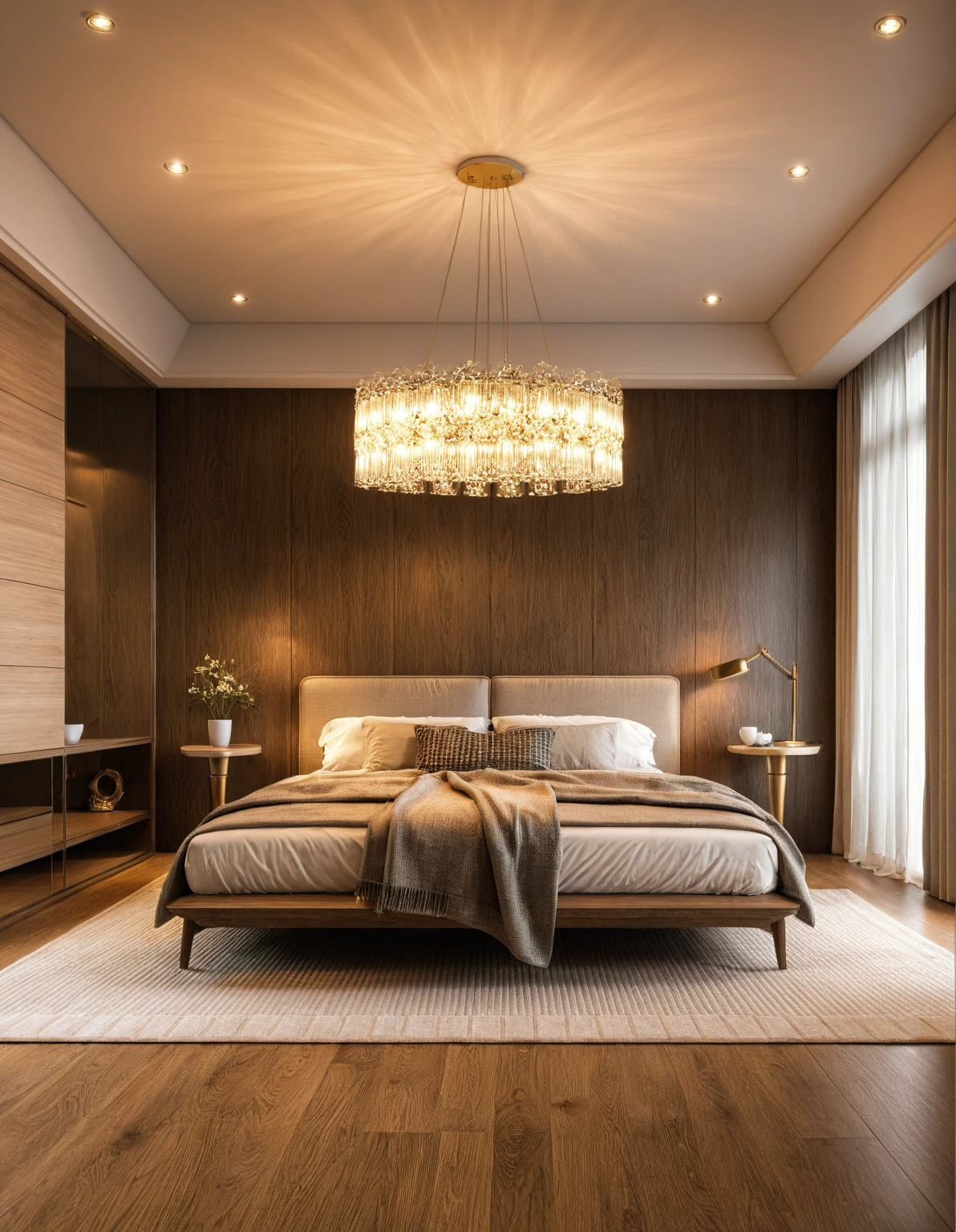 Raw photo,Masterpiece, high quality, best quality, authentic, super detail, interior, indoors, ((bedroom style modern luxury)), sunset, day light, bed, carpet, bedside cabinets, wood floor ,wardrobe, glass cabinet doors, chandeliers, windows, curtains, downlight, (flower vase)
