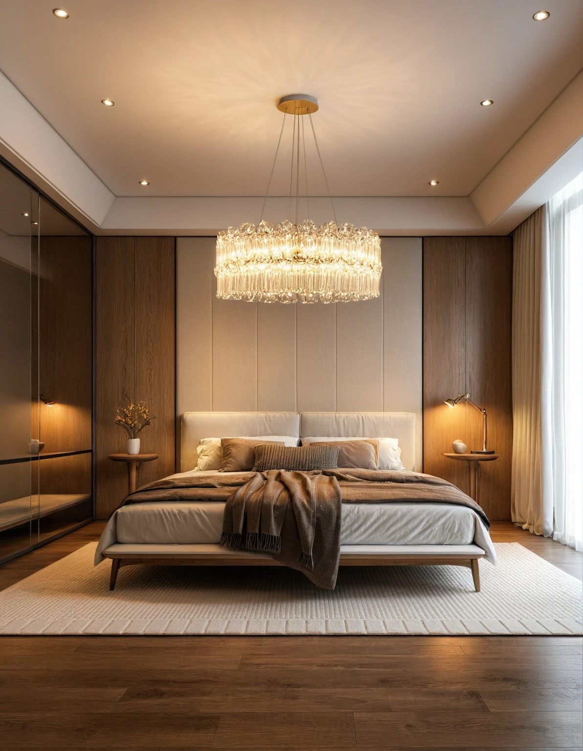 Raw photo,Masterpiece, high quality, best quality, authentic, super detail, interior, indoors, ((bedroom style modern luxury)), sunset, day light, bed, carpet, bedside cabinets, wood floor ,wardrobe, glass cabinet doors, chandeliers, windows, curtains, downlight, (flower vase)