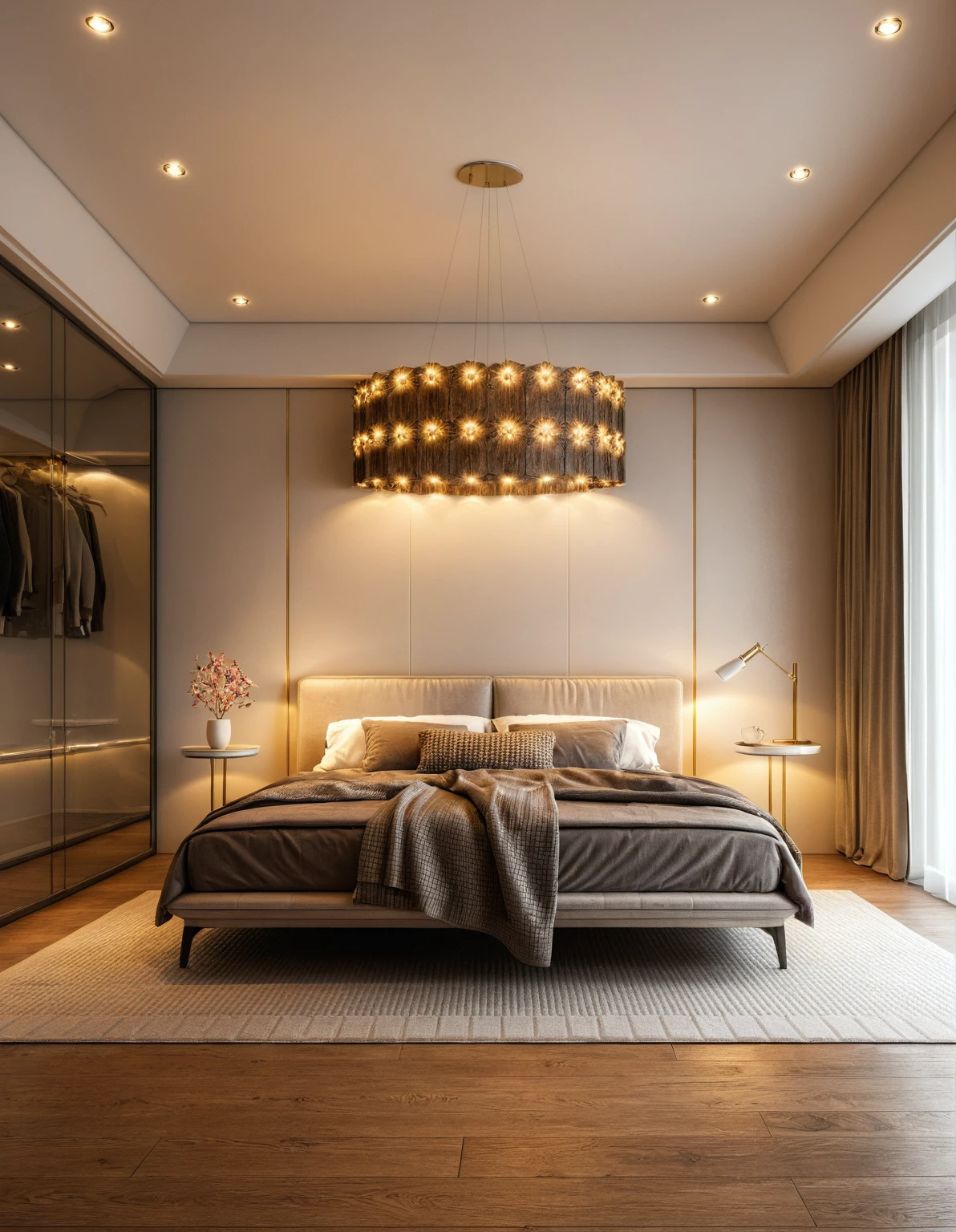 Raw photo,Masterpiece, high quality, best quality, authentic, super detail, interior, indoors, ((bedroom style modern luxury)), sunset, day light, bed, carpet, bedside cabinets, wood floor ,wardrobe, glass cabinet doors, chandeliers, windows, curtains, downlight, (flower vase)