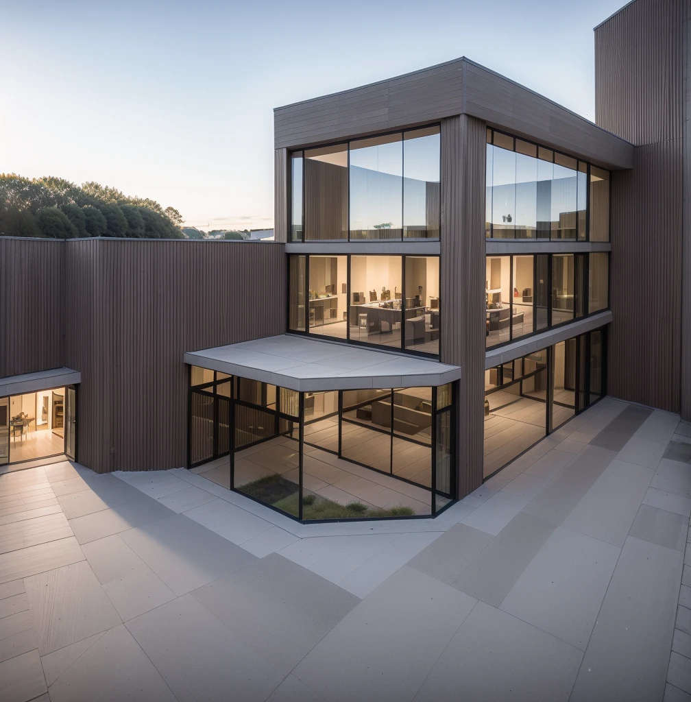 RAW photo, a photo of a modern villa with a car parked in front of it, ((1/2 dark grey wood facade)), architectural shot, gate, road, viet nam modern residence, rough white wall, new residential area, wide angle exterior 2022, contemporary house, exterior photography, masterpiece, contemporary architecture, overcast, indirect lighting