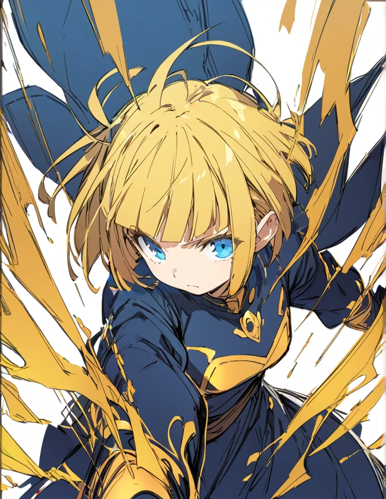A girl fighting with golden flames(Sketches), (Open Close), (Small body), (Blonde:1.5) (Short Bob Hair:1.4)