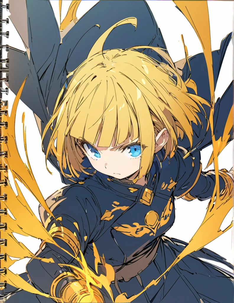 A girl fighting with golden flames(Sketches), (Open Close), (Small body), (Blonde:1.5） (Short Bob Hair:1.4)
