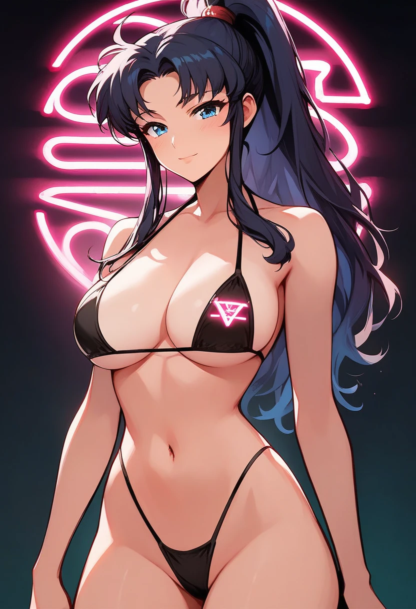 score_9, score_8_up, score_7_up, score_6_up, score_5_up, score_4_up, 1girl, Misato Katsuragi, view from front, athletic, ponytail, (long black hair), bright detailed blue eyes, (big breasts), facing viewer, closeup of face, seductive look, cleavage, arched back, (wearing black micro bikini, black thong), standing, tiny waist, narrow hips, (flat stomach), neo tokyo well lit highrise building, filled with neon signs, well lit by red neon lights, translucid, closed mouth, pinup pose, official art, masterpiece, cel-shaded, source_painted_concept_art BREAK