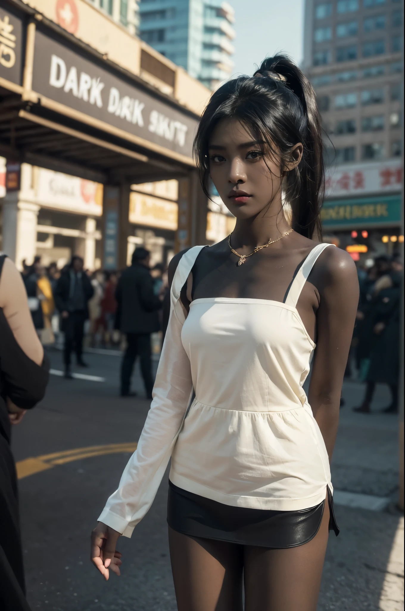 (((best quality))),(((ultra detailed))),(((masterpiece))),illustration,1girl,slim,vibrant cotton dress,short ponytail,flat chest,pantyhose,standing, bustling city streets, honking cars,surrounded by crowded crowds, colorful advertisements,enjoying sights and sounds,(dark black skin:1.5),(day scene:1.3),upper body,arms behind back,sunshine