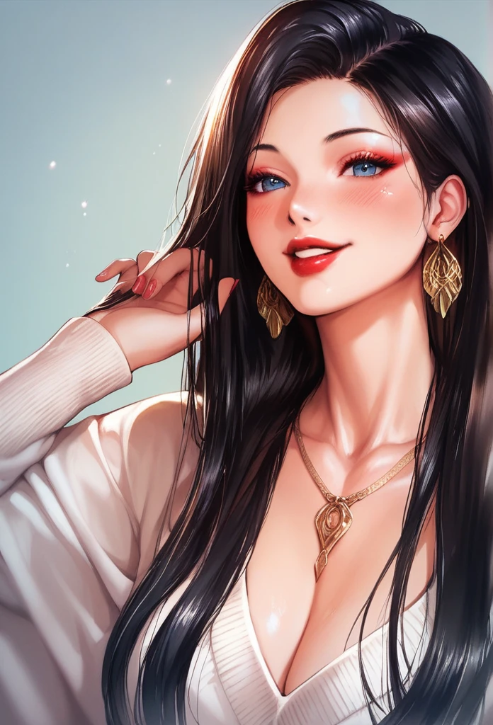 
Hot sexy beautiful women  , detailed lips , detailed blue eyes, big traditional heavy long  tassel earrings , alluring face, necklace , detailed red lipstick  ,black hair, blush , makeup , smiling 