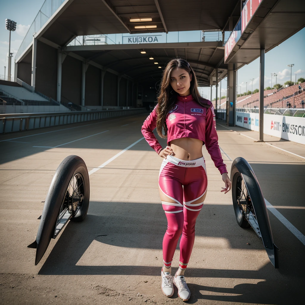 1girl in, 30 years old, Square face, Long hair, Looking at viewer, jewelry, Realistic, Sexy, racing outfit, colorful outfit, F1 racetrack background, freestyle pose