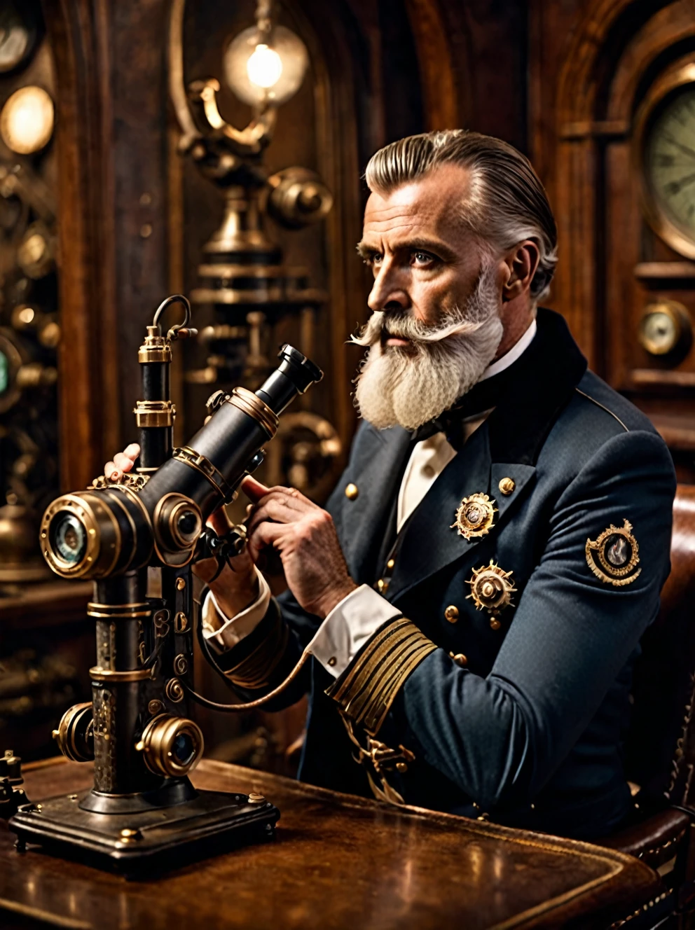 photo focus on male focus, indoors, realistic scenery, (captain nemo:1.1),   looking into a microscope ,  close-up, arch, chair, loaded military uniform, steampunk nautilus-style. very wide shot, character photo portrait, film, professional, 4k, highly detailed