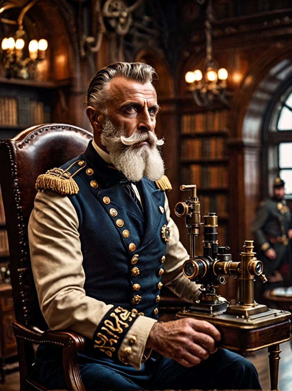 photo focus on male focus, indoors, realistic scenery, (captain nemo:1.1), looking into a microscope , close-up, arch, chair, loaded military uniform, steampunk nautilus-style. very wide shot, character photo portrait, film, professional, 4k, highly detailed