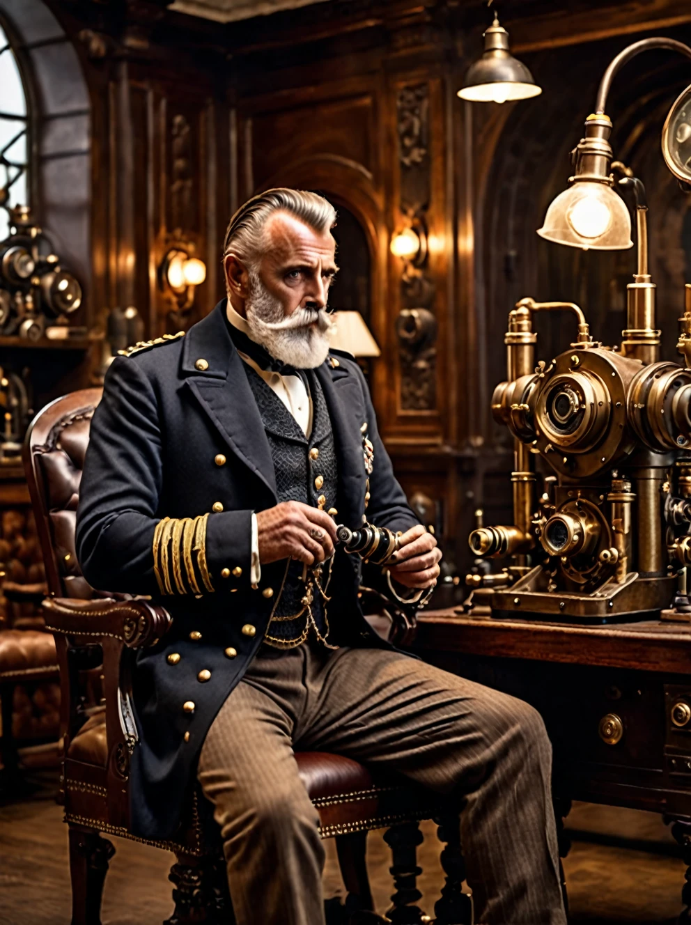 photo focus on male focus, indoors, realistic scenery, (captain nemo:1.1), looking into a microscope , close-up, arch, chair, loaded military uniform, steampunk nautilus-style. very wide shot, character photo portrait, film, professional, 4k, highly detailed