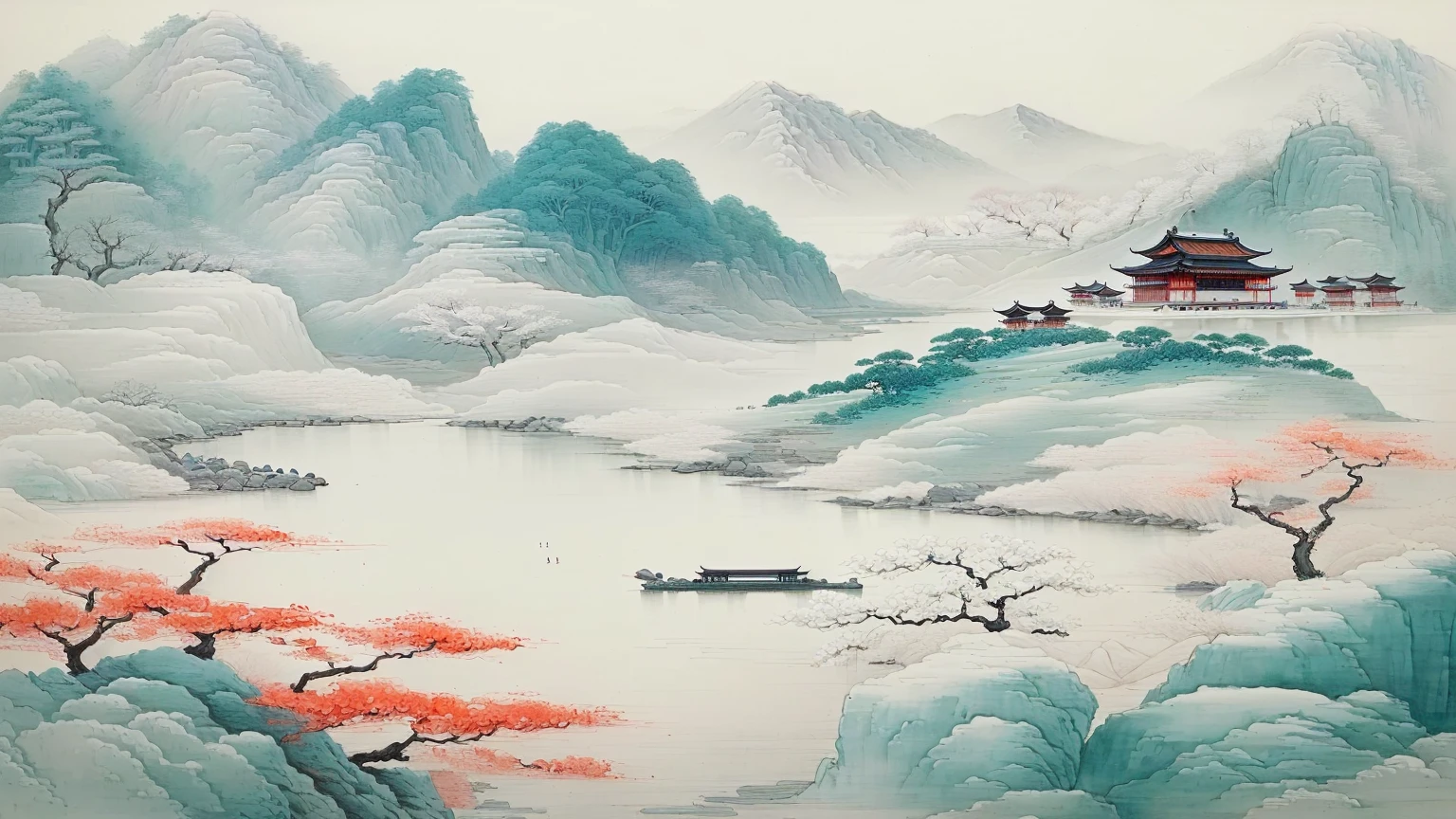A landscape painting，There is a river and a pagoda in the distance, Chinese scenery, Chinese style painting, traditional Chinese painting, Chinese painting style, Traditional Chinese Art, Chinese Art Style, Chinese painting, Traditional Japanese Painting, Traditional Chinese watercolor, 古Chinese painting, Traditional Chinese ink painting, Landscape Art Detail, Landscape Artwork, Beautiful paintings, Japanese-style