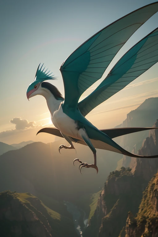 One Pteranodon、Flying straight and at high speed, level with the ground、The whole body is parallel to the ground、Big eyes、The body is thin and long、The crest is on the back of the head.、The crest is long and pointed、A pair of long wings on its back、The hind legs are small and bird-like.、The tail is long and pointed
